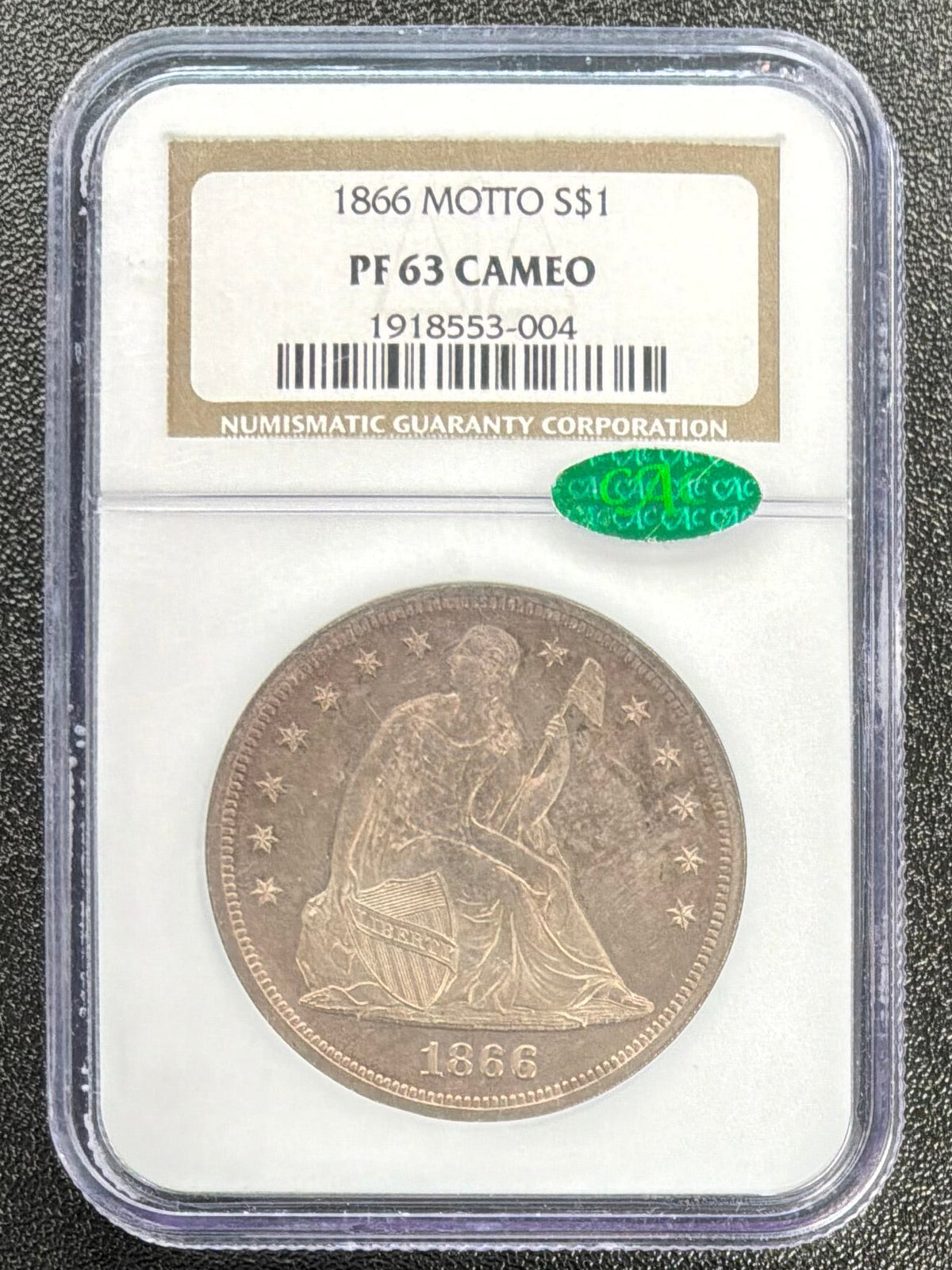 1866 Motto Seated Liberty Dollar Proof-63 Cameo